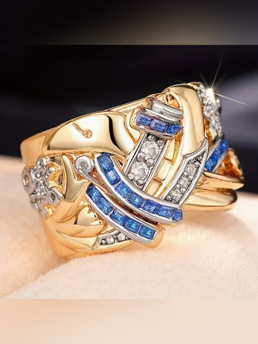 Elegant Gold Tone Blue & White Stone Statement Ring,